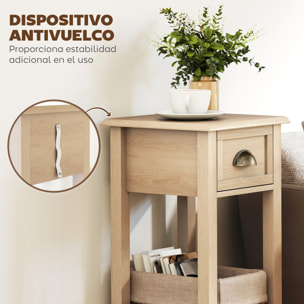 Mesa Auxiliar Rústica, Mesa Auxiliar para Sofá, con Cajón y Estante, Mesita de Noche para Salón, Dormitorio, 30x30x75 cm, Madera Natural
