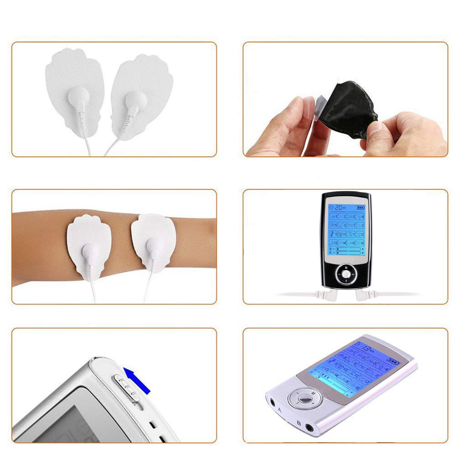 Elettrostimolatore muscolare portatile EMS MHD-16AB. 16 modalità, 20 intensità, 2 canali doppi. Dimensioni compatte, batteria ricaricabile.