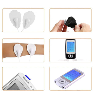 Elettrostimolatore muscolare portatile EMS MHD-16AB. 16 modalità, 20 intensità, 2 canali doppi. Dimensioni compatte, batteria ricaricabile.