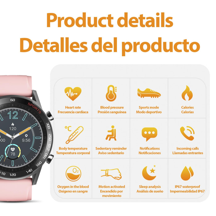 Smartwatch T23 con temperatura corporal, tensión, oxígeno en sangre y modo multideportivo.