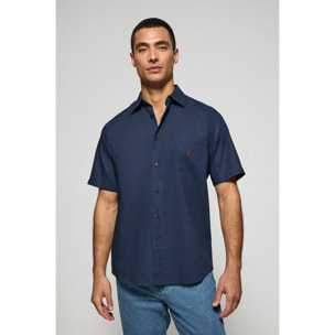 Camicia blu marino a maniche corte in lino-cotone con ricamo Rigby Go