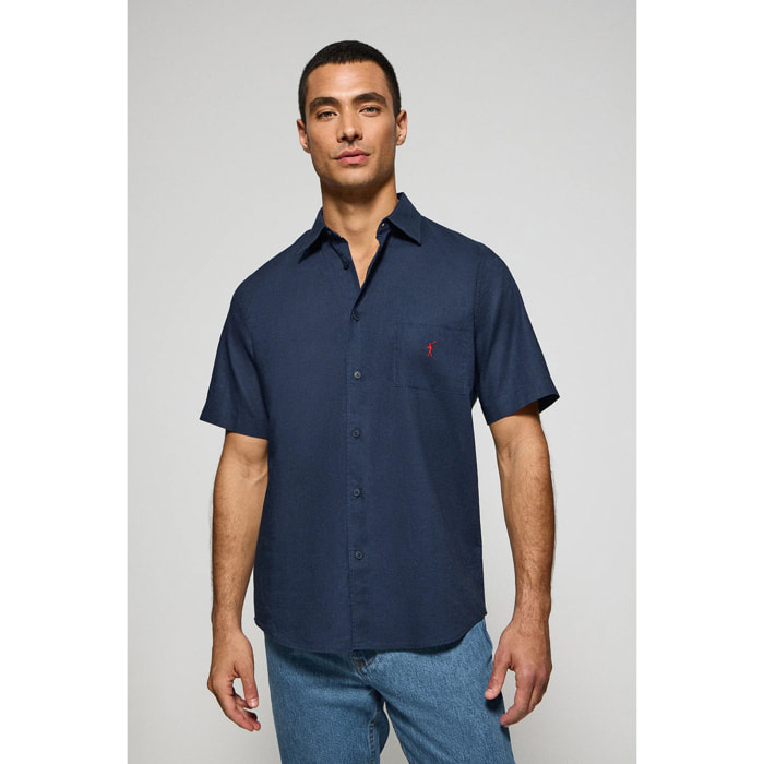 Camicia blu marino a maniche corte in lino-cotone con ricamo Rigby Go