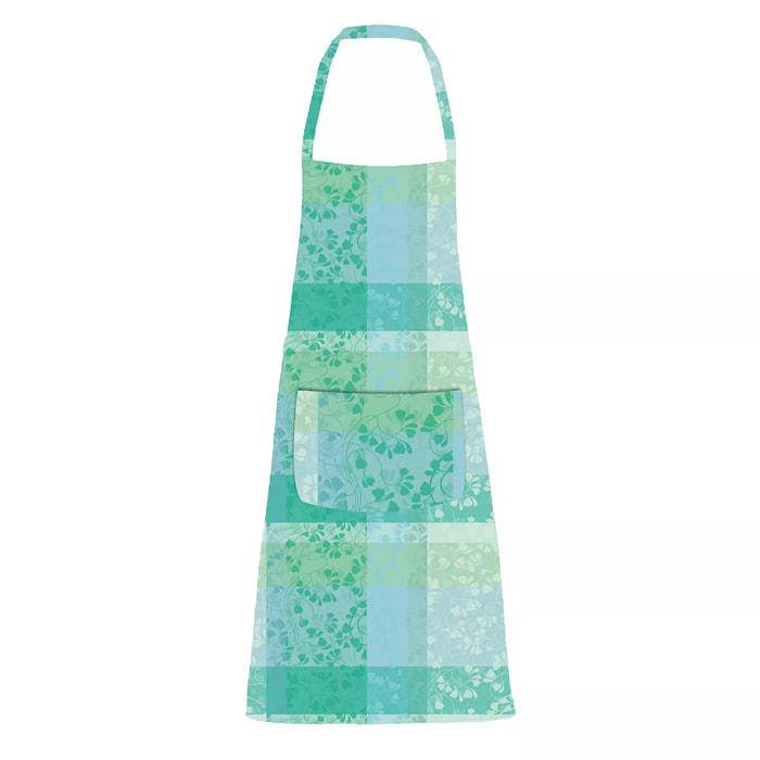 Tablier pur coton enduit motif jacquard bleu vert Mille feuillages turquoise