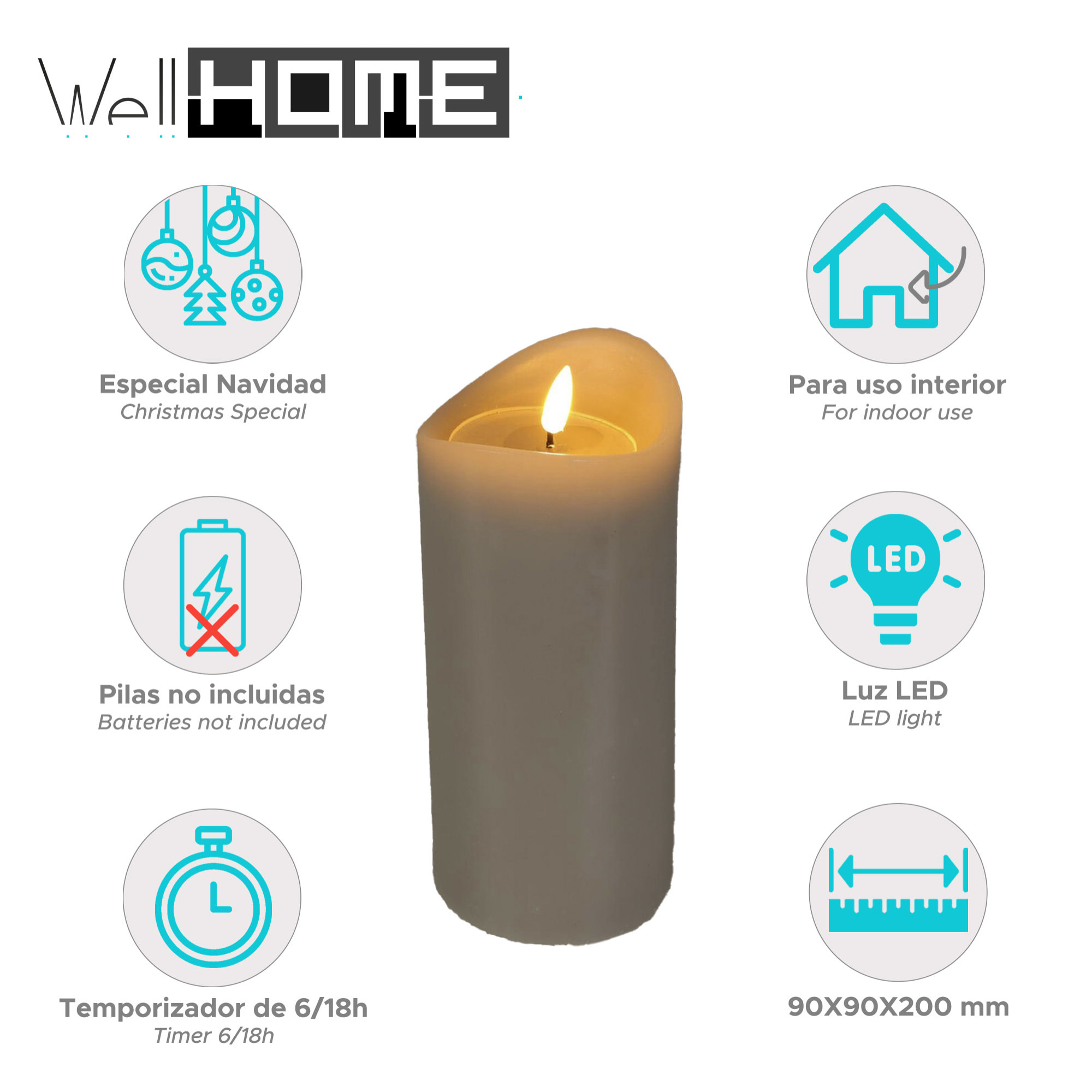 vela led con efecto gelatina color gris ø9x20cm