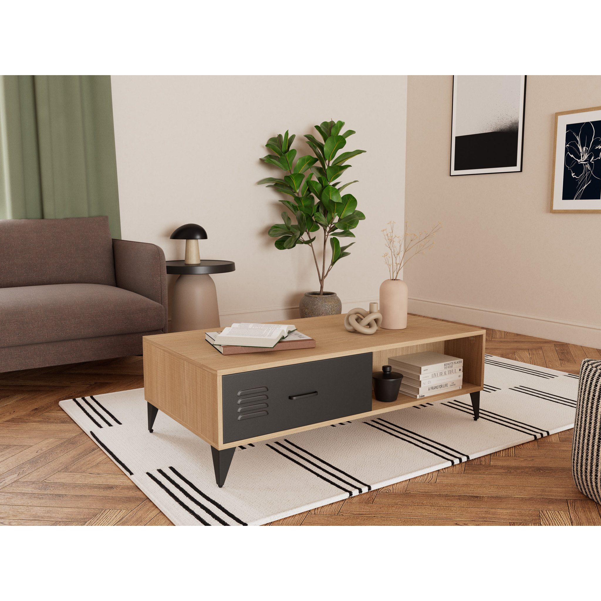 Tribeca - table basse - effet bois et métal noir - 1 tiroir et 1 niche - 110 cm - Bois / Noir