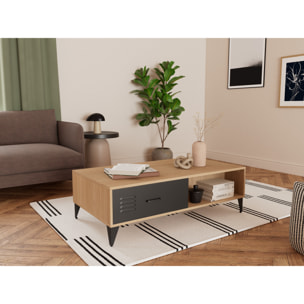 Tribeca - table basse - effet bois et métal noir - 1 tiroir et 1 niche - 110 cm - Bois / Noir