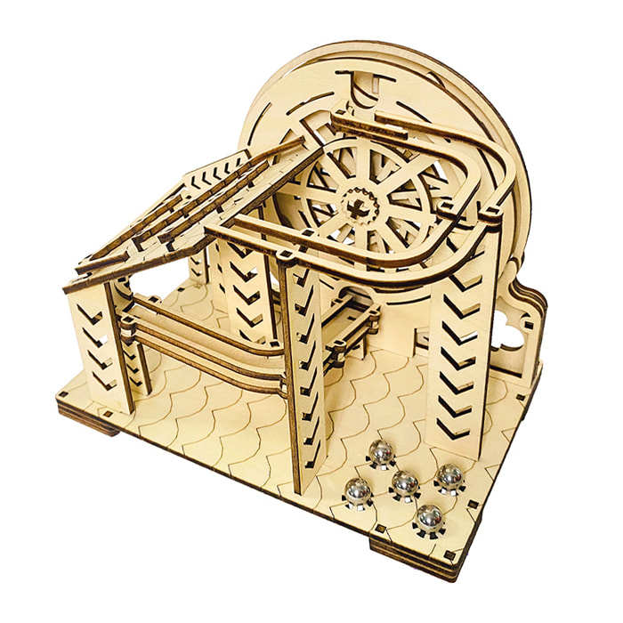 Maqueta de Madera 3D, con movimiento mecánico diseño de Bola orbital mecánica con manivela. 98 piezas.