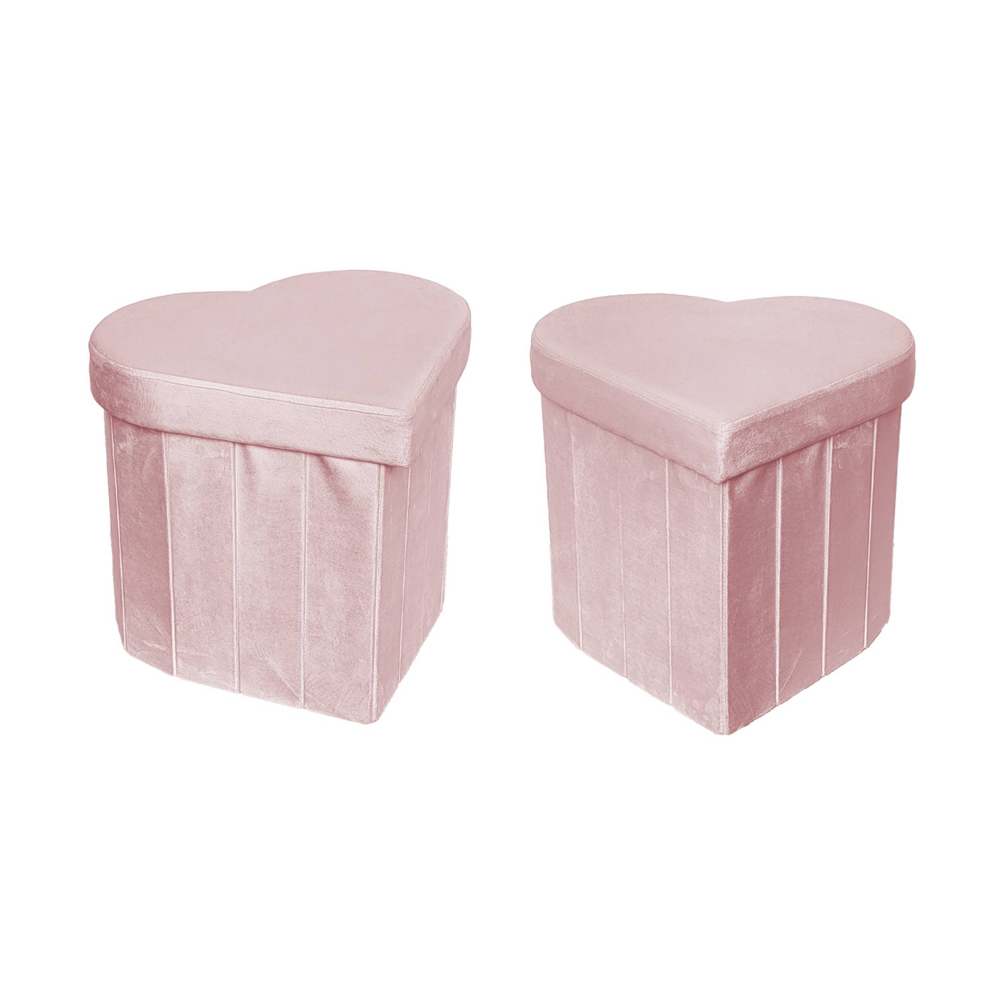 Lot de 2 tabourets-coffre pliables pour enfant avec assise en velours rose et en forme de cœur