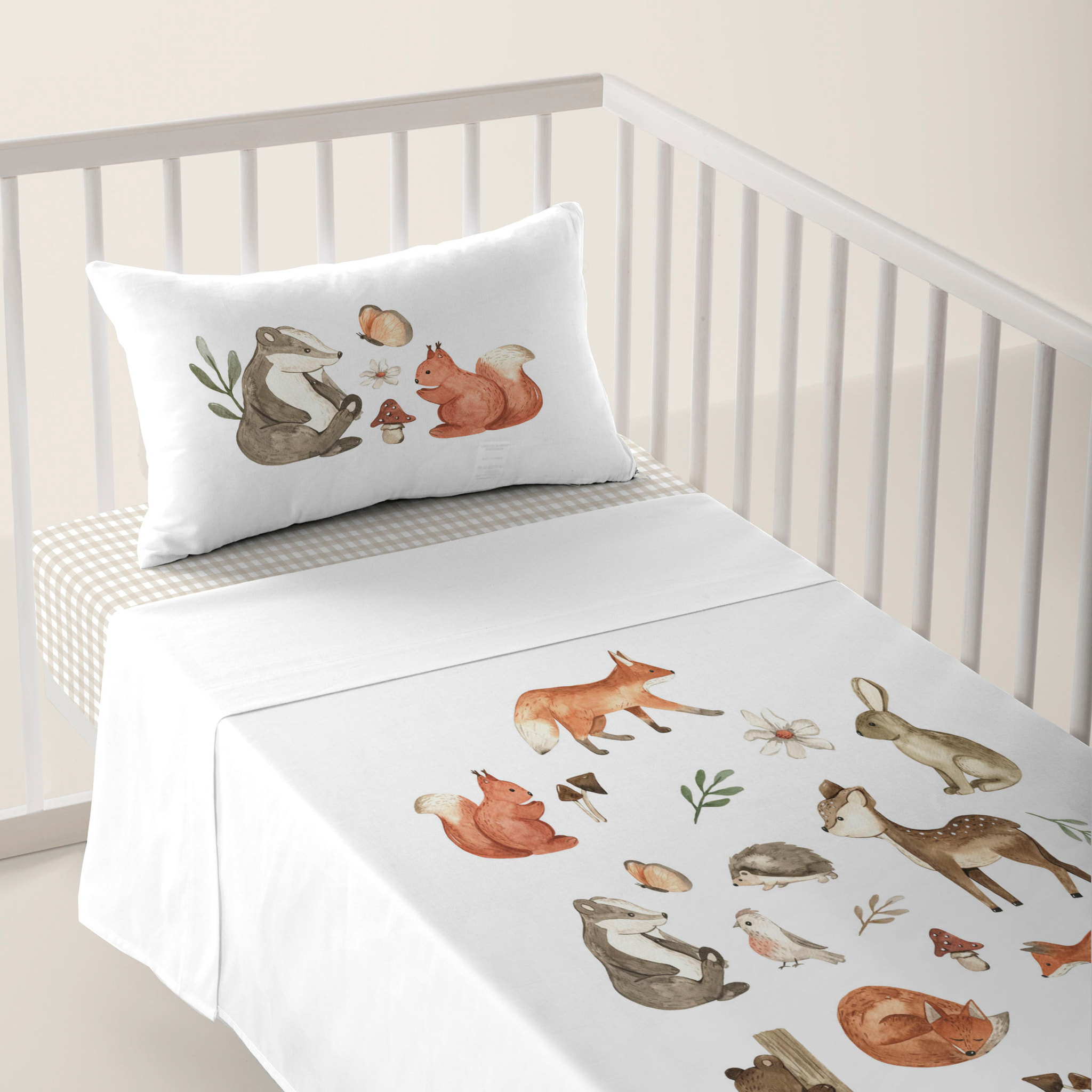 Cool Kids - Juego de Sábanas Estampadas - Infantil - Incluye 1 Funda de Almohada + 1 Sábana Bajera - 100% Algodón - Cuna/Maxicuna - Woodland