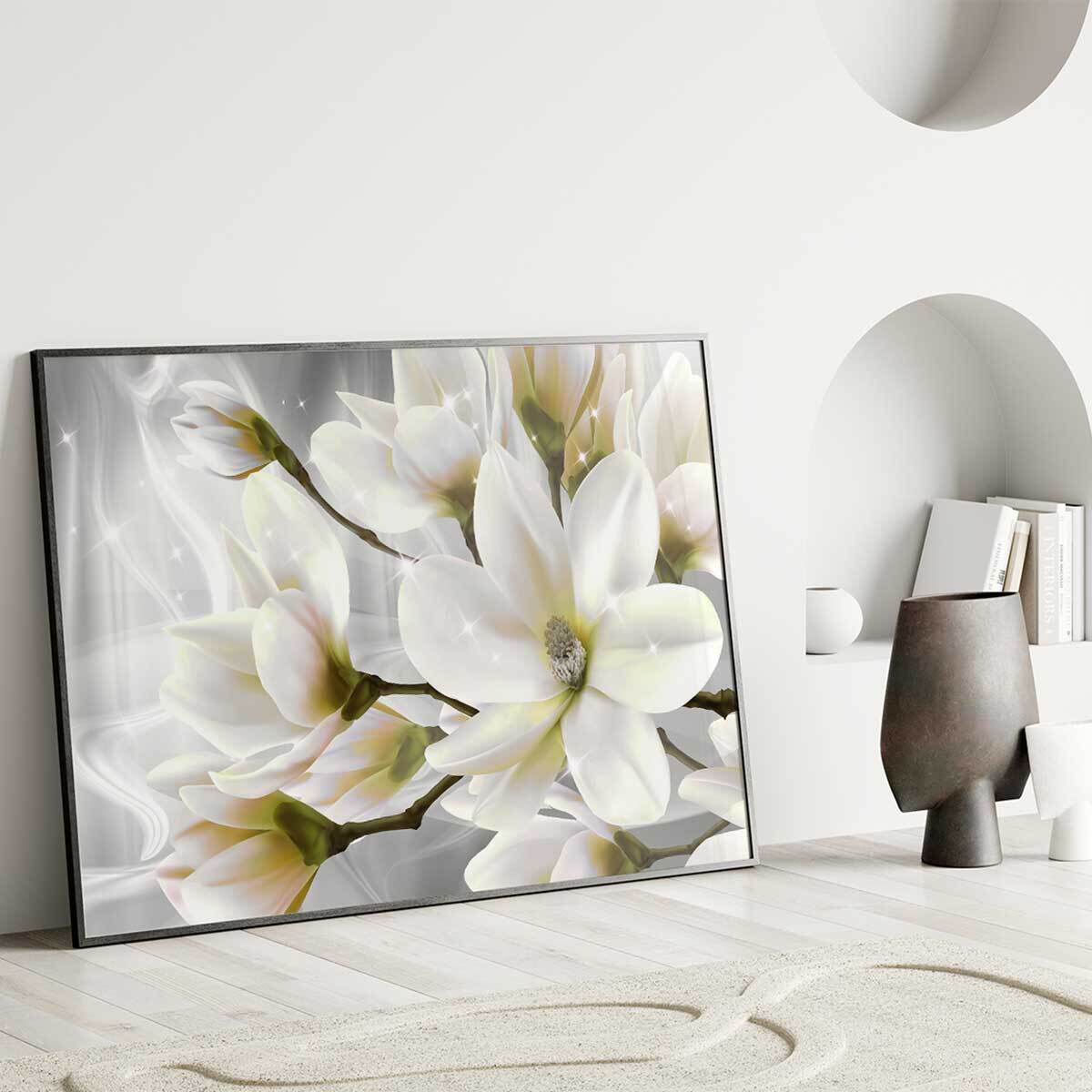 Affiche encadrée fleurs blanches lumineuses Affiche + cadre en métal - Noir