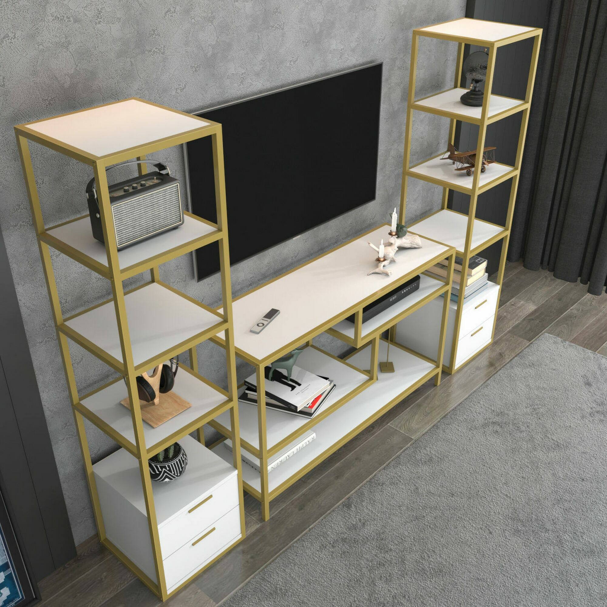 Parete attrezzata Dpisan, Composizione soggiorno, Mobile salotto multiuso, Armadio porta TV, 198x39h160 cm, Oro e Bianco