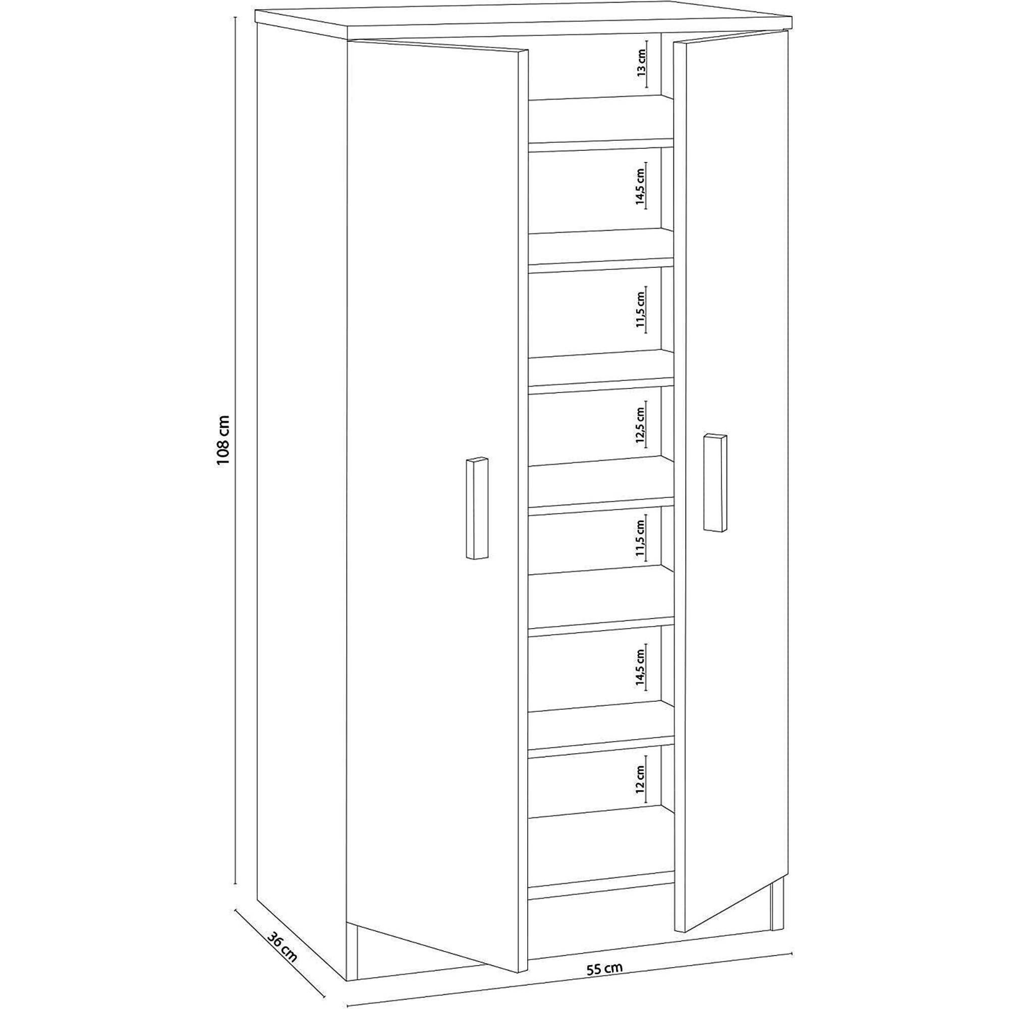 Armadio multifunzione a due ante con sei ripiani, colore bianco, Misure 55 x 108 x 36 cm