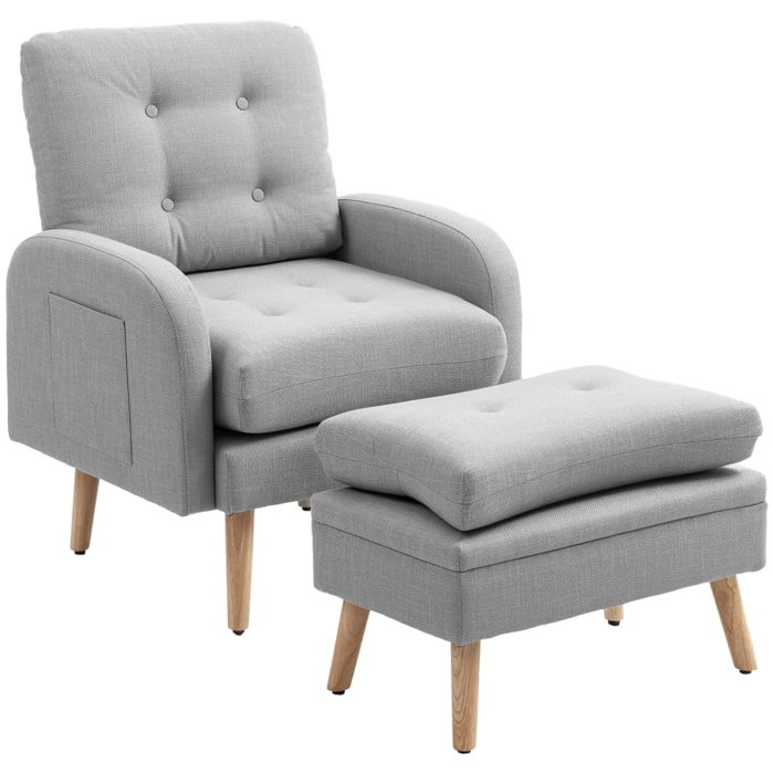 Fauteuil et repose-pieds design nordique grand confort piètement bois tissu effet lin aspect capitonné gris clair