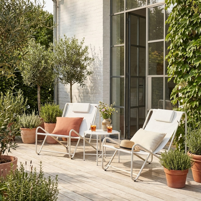 Set de 2 fauteuils relax avec table ronde en acier SALINA