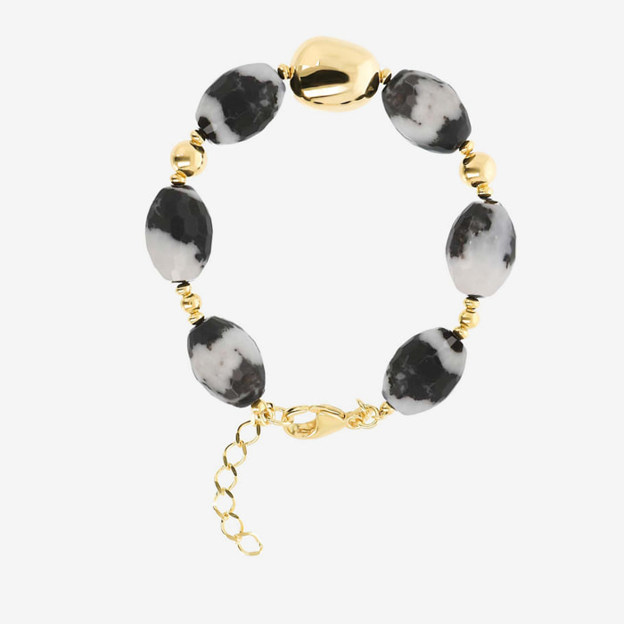 Bracciale in Argento 925 placcato Oro Giallo 18Kt con Pietre Naturali in Diaspro Bianco e Nero Sfaccettato