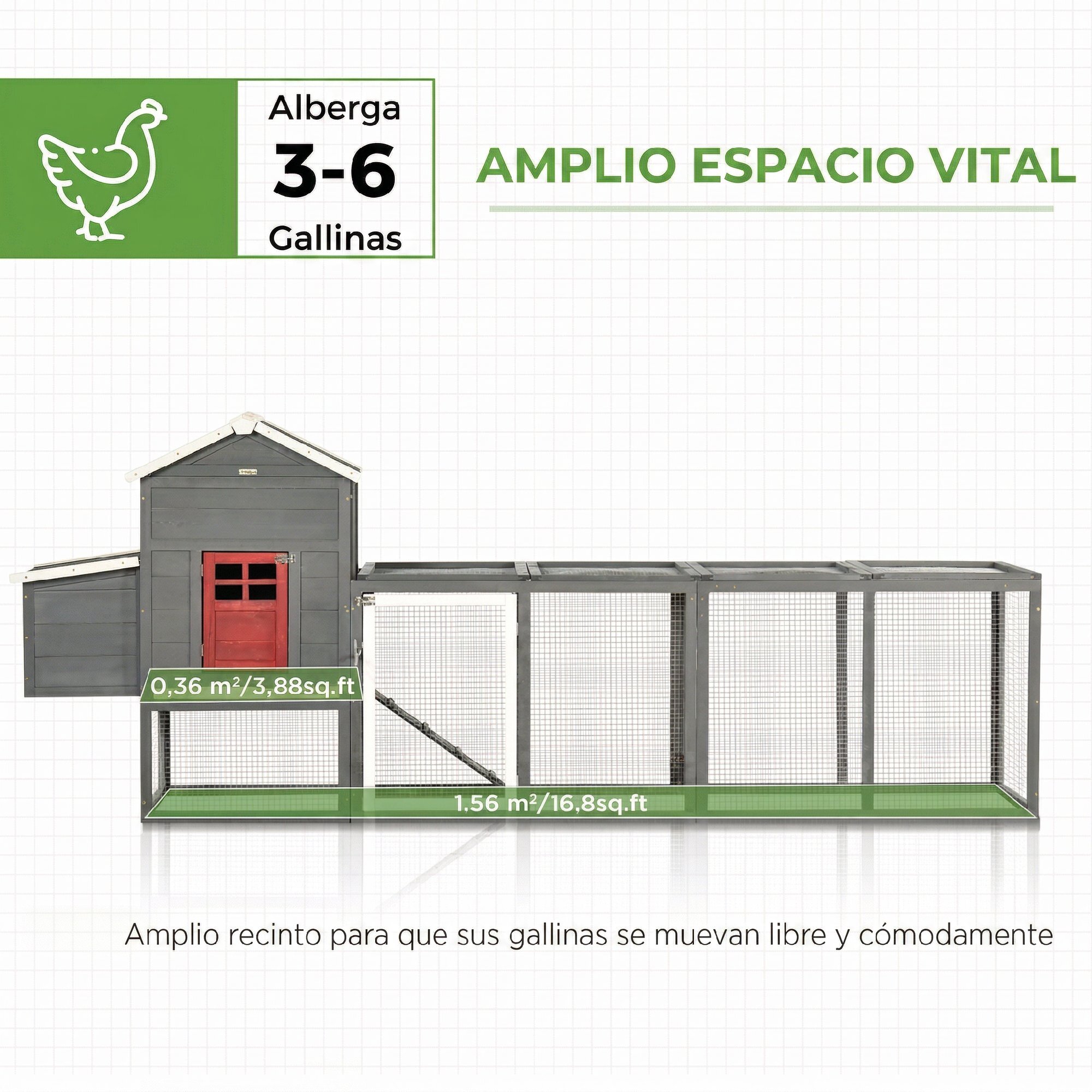 Gallinero para Exterior Grande de Madera, 300x66x116 cm, para 3-6 Gallinas, Gallinero con Nido, Corral, Bandeja Extraíble, Techo Asfáltico, Rampa, Puerta con Cerradura, Conejera, Gris