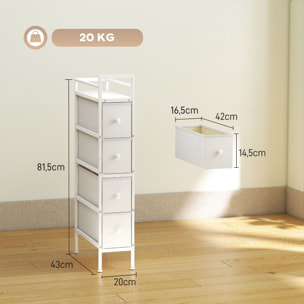 Cómoda con 4 Cajones de Tela, Cómoda para Dormitorio Estrecha con Marco de Acero, Cajonera para Espacios Pequeños, Sala de Estar, Vestidor, Baño, Blanco