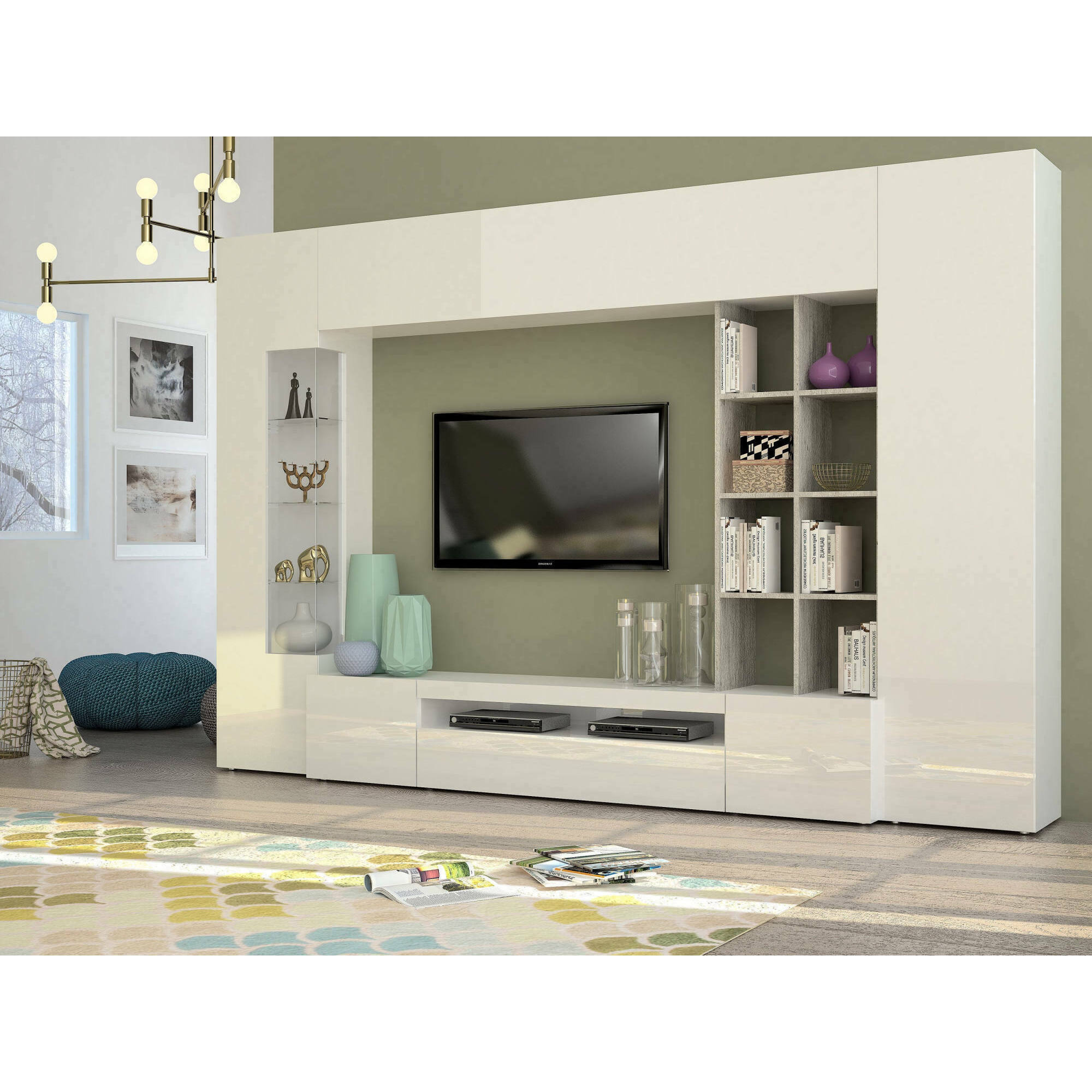 Parete attrezzata da soggiorno, Made in Italy, con luce LED blu, Base porta TV e pensili e scaffali, Set salotto moderno, cm 290x40h192, colore Bianco lucido e Cemento