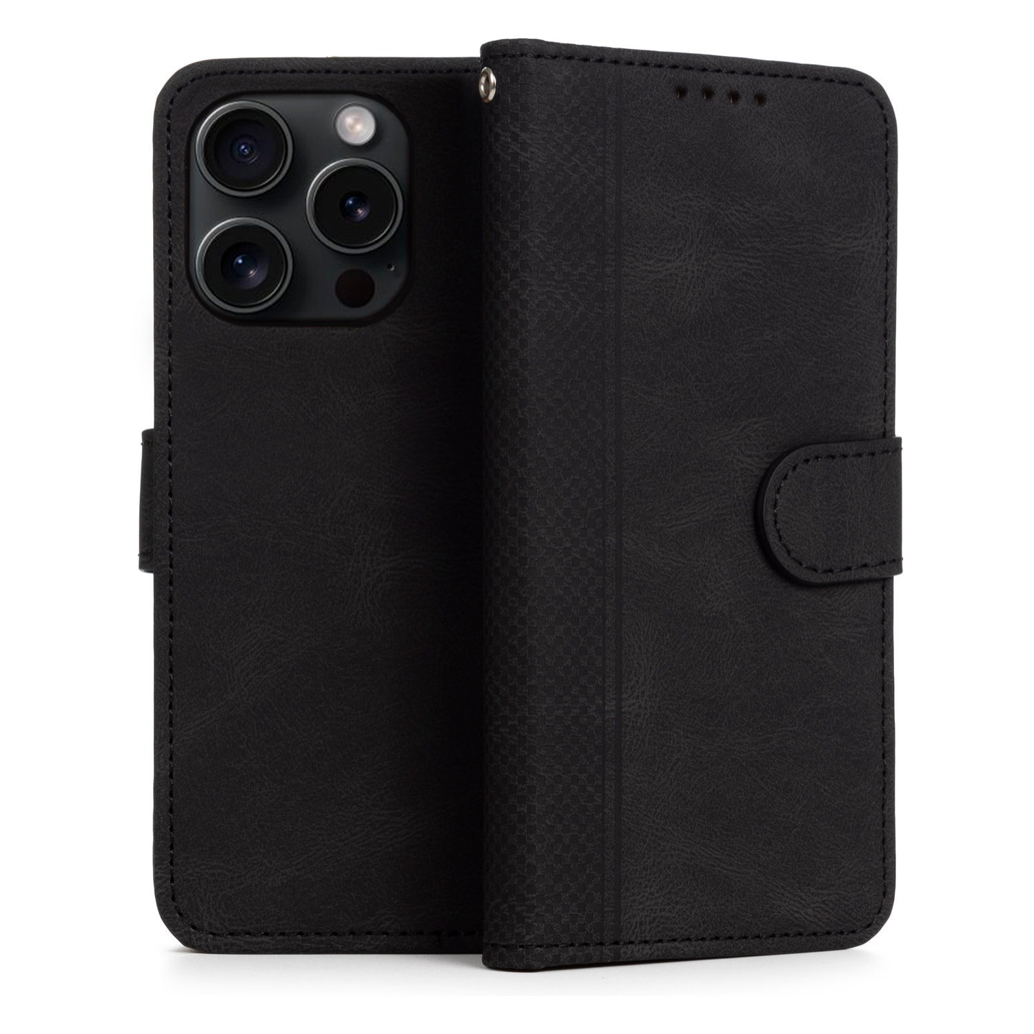 DAM Funda antigolpes tipo libro simil piel para iPhone 14 Pro. Tarjetero interior, muñequera extraíble. 7,9x1,67x15,46 Cm. Color: Negro