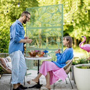 Biombo de Exterior Separador de Ambientes con 3 Piezas Patrón de Hoja Grande y Marco de Acero Pantalla de Privacidad para Patio Terraza Jardín 122x45x198 cm Verde