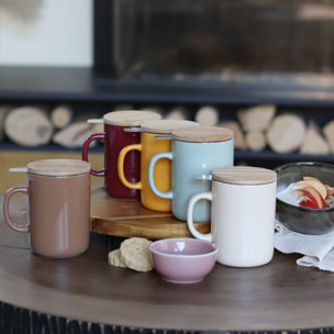 Tisanière en grès bordeaux avec couvercle en bois 350ml ANNA