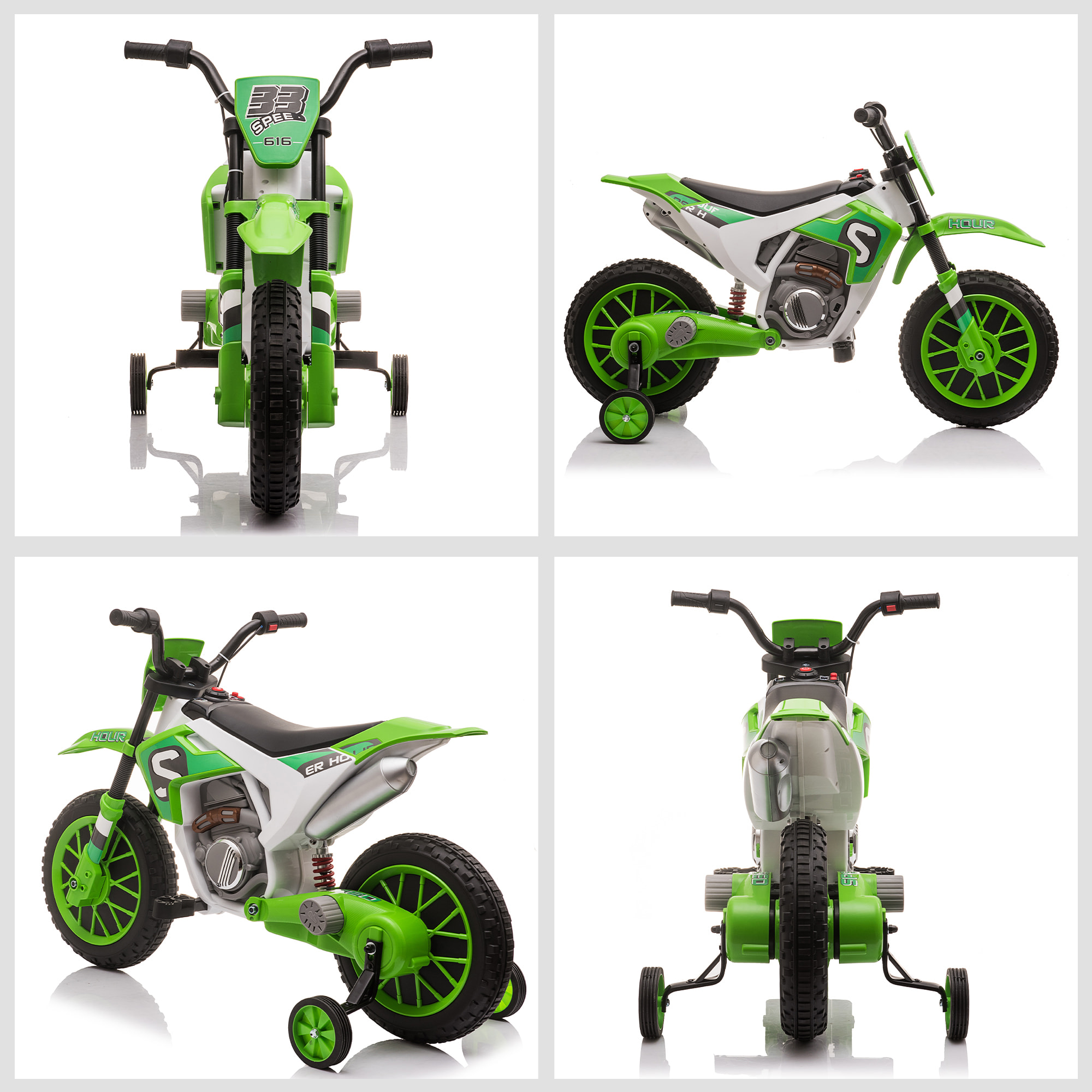 Moto cross électrique pour enfant 3 à 5 ans 12 V 3-8 Km/h avec roulettes latérales amovibles dim. 106,5L x 51,5l x 68H cm vert