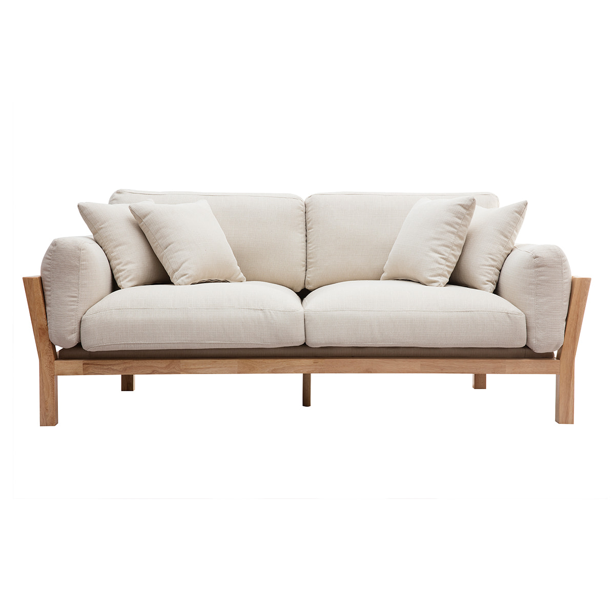 Canapé scandinave déhoussable 3 places en tissu blanc crème et bois clair KYO