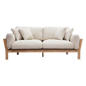 Canapé scandinave déhoussable 3 places en tissu blanc crème et bois clair KYO