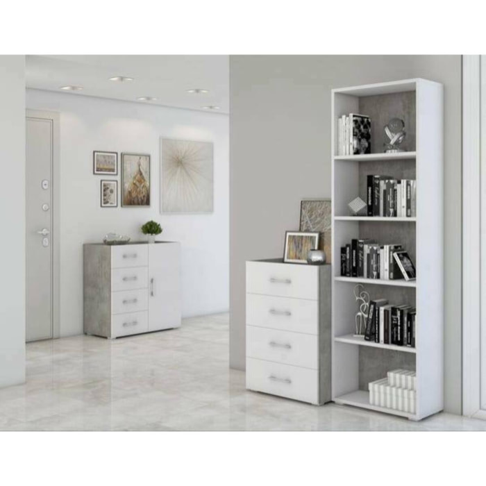 Libreria Allevien, Biblioteca a 4 ripiani regolabili, Scaffale per libri, Mobile da parete con ripiani, 100% Made in Italy, 60x30h195 cm, Bianco e Cemento