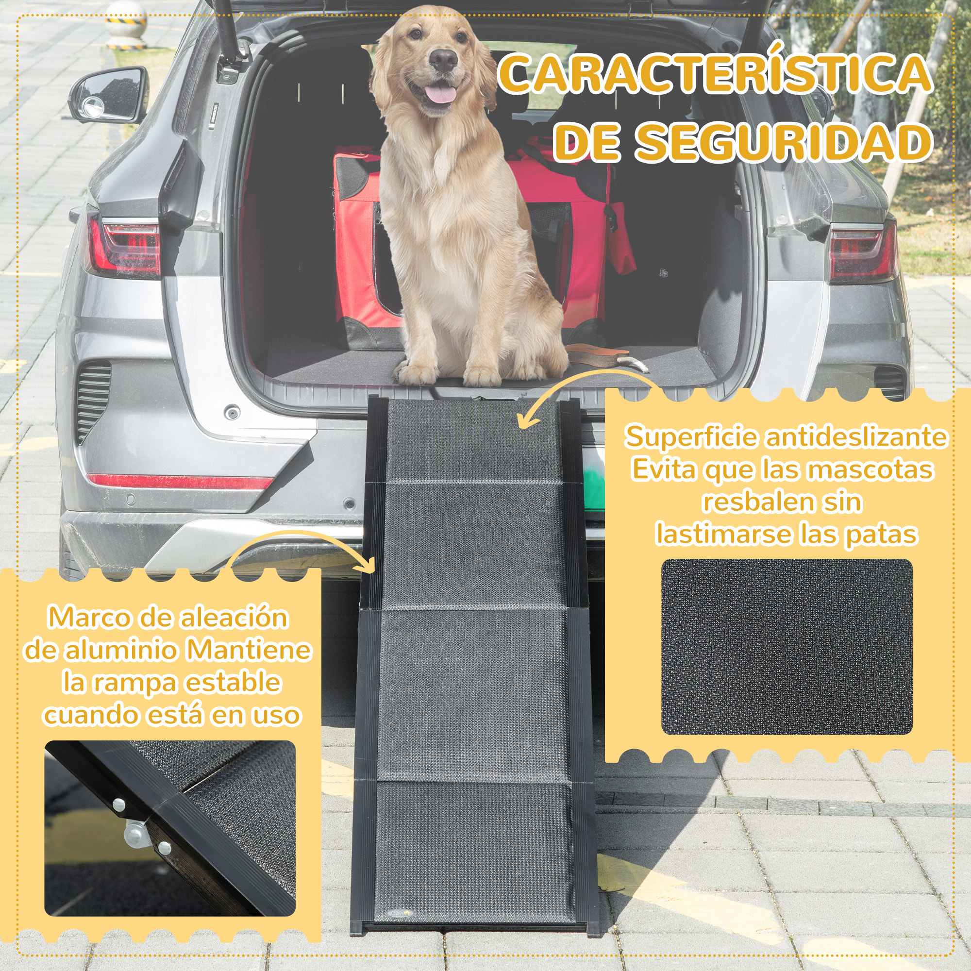 Rampa Plegable para Perros de Aluminio Rampa para Mascotas para Coche con Superficie Antideslizante Asa y Gancho Carga 60 kg 158x43,5x2,5 cm Negro