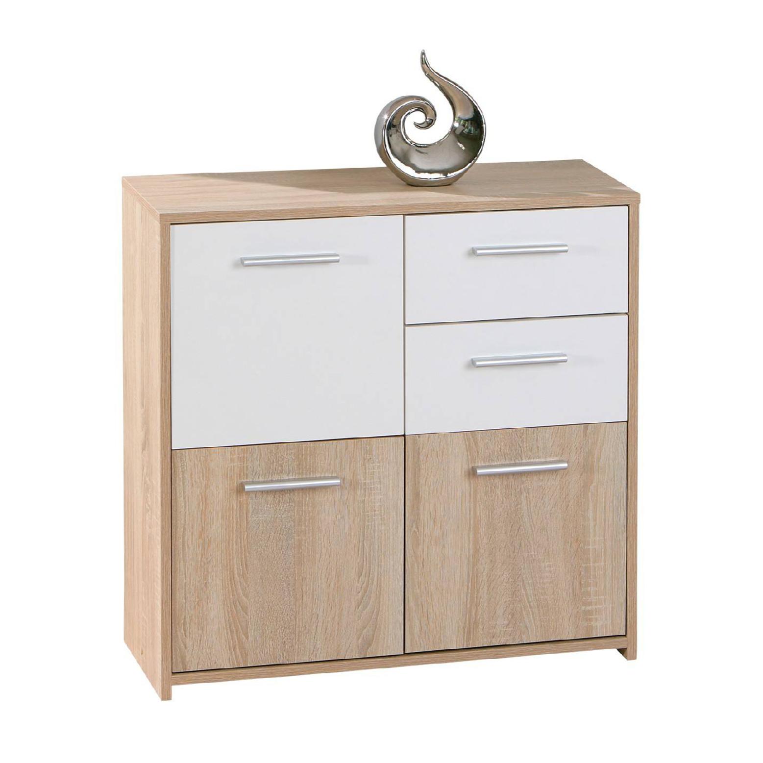 Credenza a tre ante e due cassetti, colore bianco e rovere, Misure 77 x 77 x 30 cm