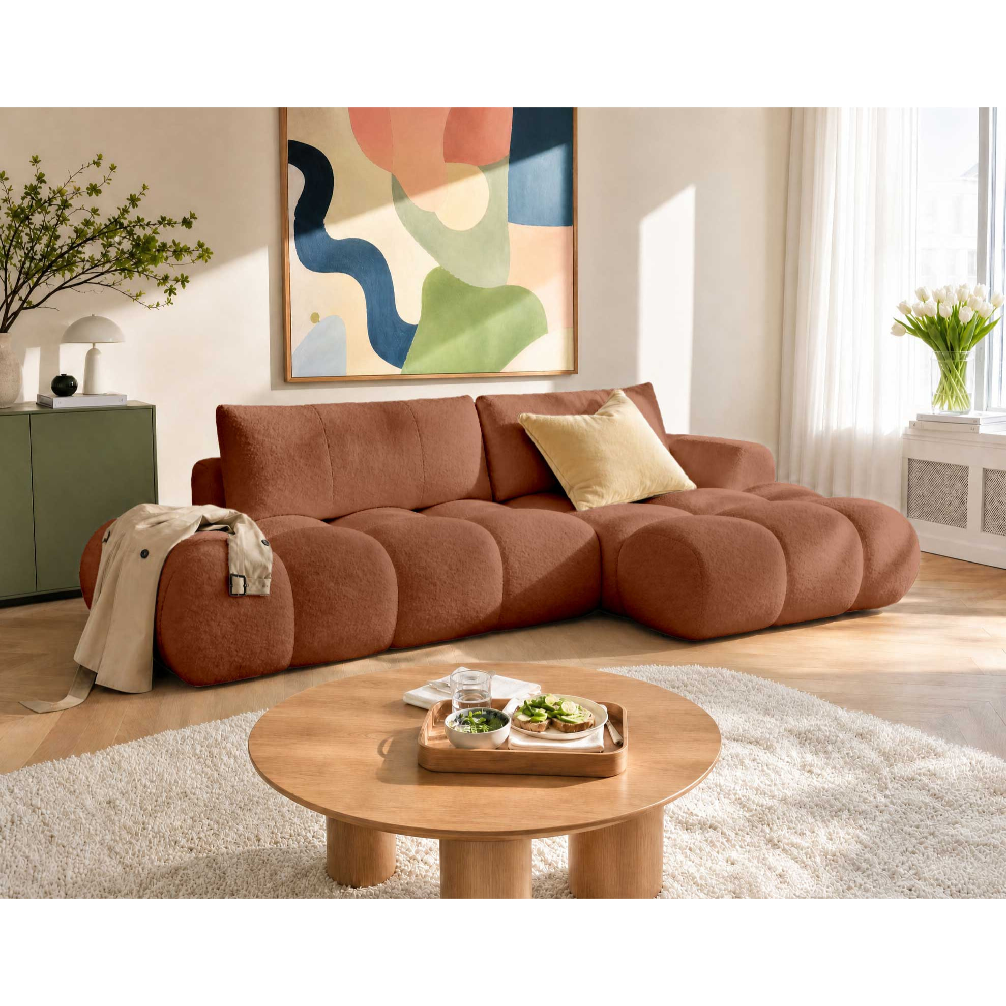 Yulin - Canapé d'angle ouvert droit 4 places convertible avec coffre en tissu bouclette - Rouille