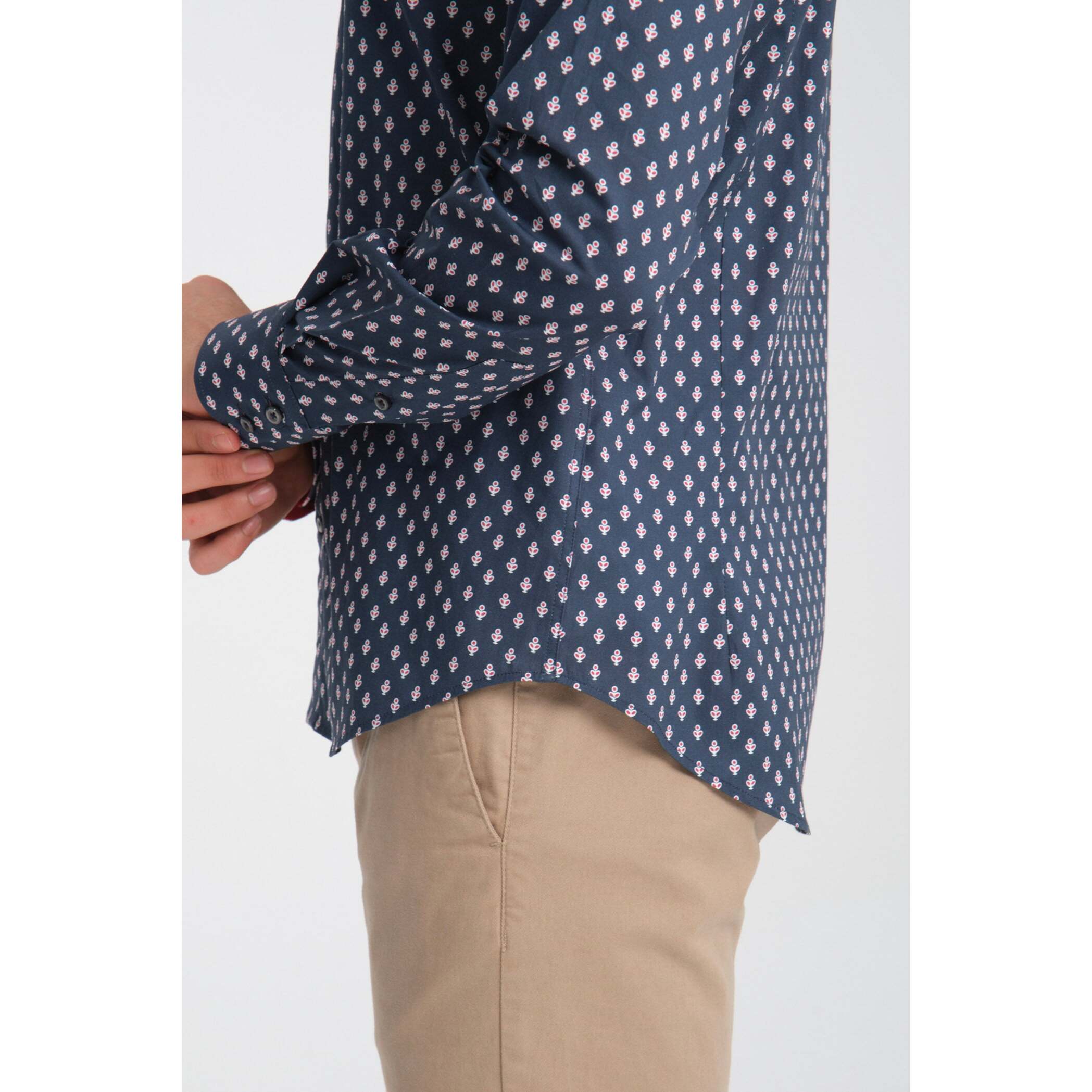Camicia Uomo 2 Bottoni Button Down Slim Popeline Stretch Stampato Blu\Rosso