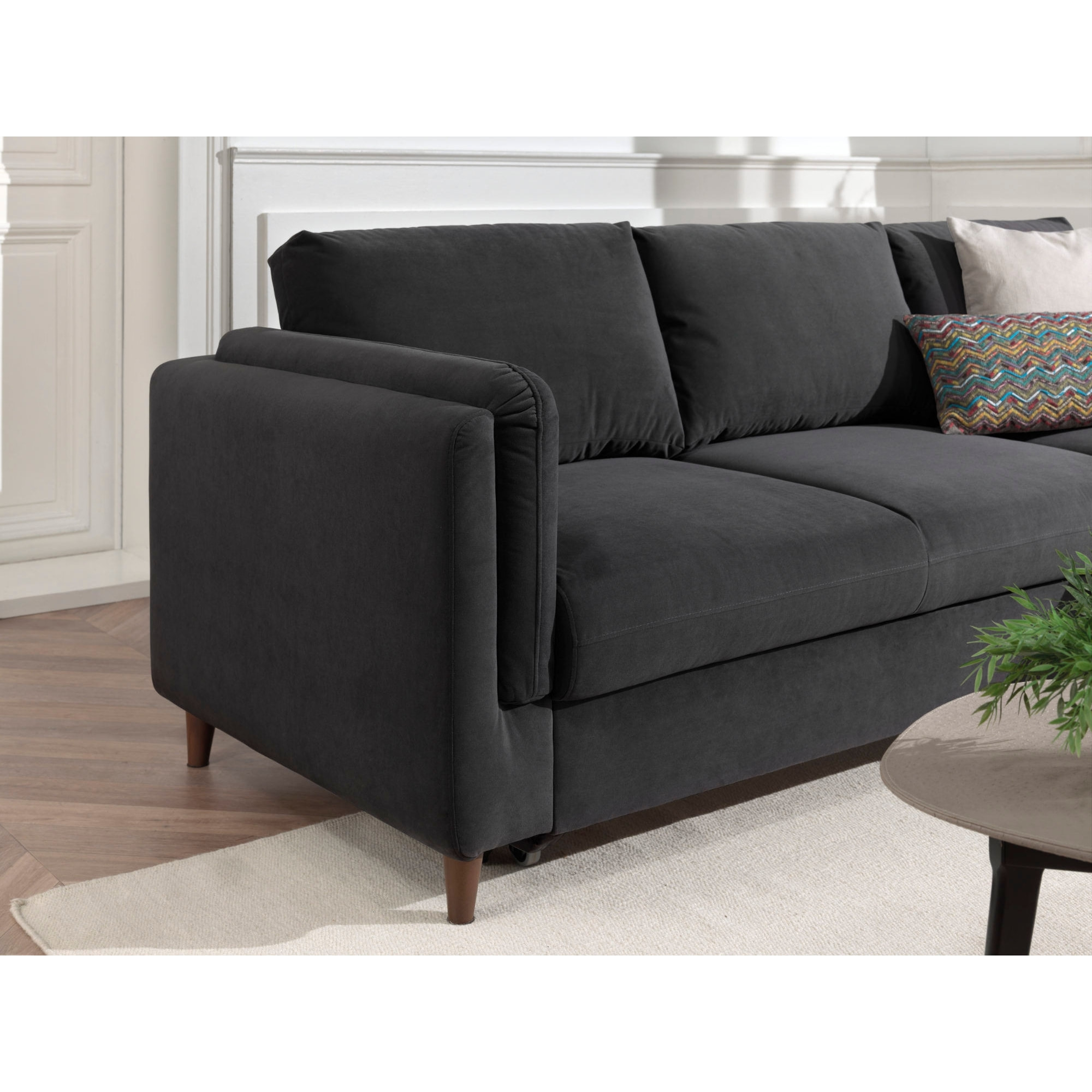 Brooke - canapé d'angle droit - convertible avec coffre - 4 places - en velours - Gris foncé