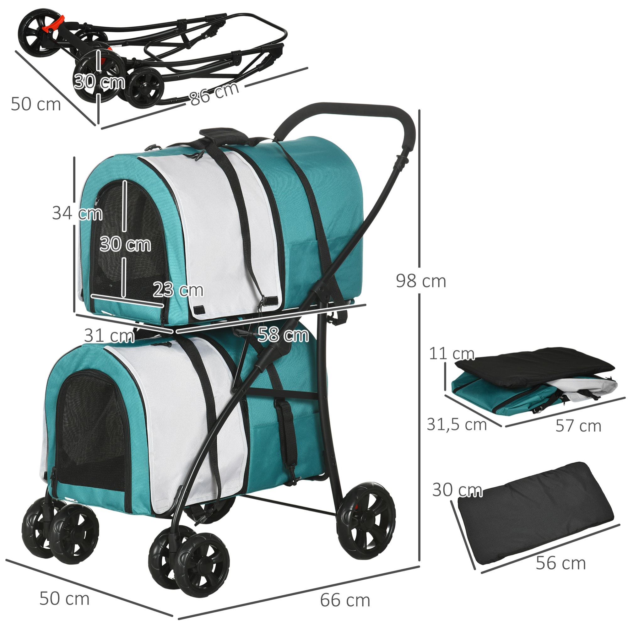 Cochecito Doble para Perros Gatos Cochecito Plegable para Mascotas con 2 Transportines Extraíbles Cinturón de Seguridad Bolsillos Laterales y 2 Cojines 66x50x98 cm Verde y Gris