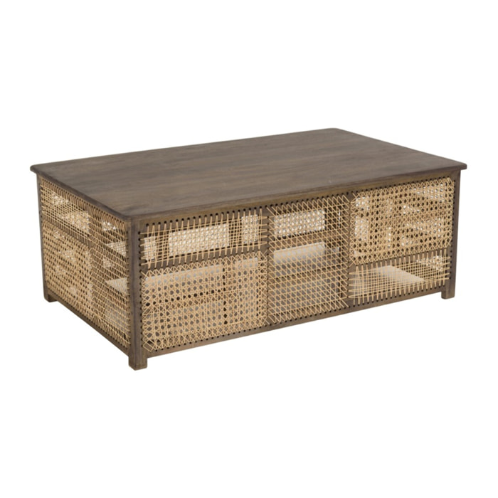 ISA - Table basse en bois de manguier foncé, patchwork cannage naturel