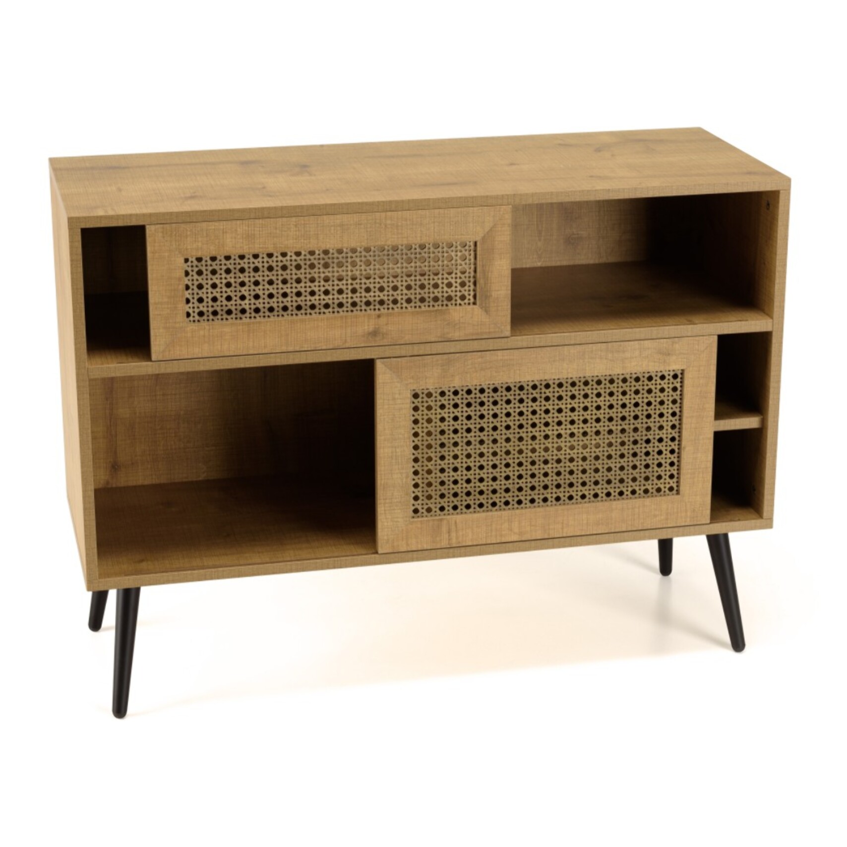 CHARLIE - Buffet bas marron 3 niches 2 portes effet cannage pieds métal