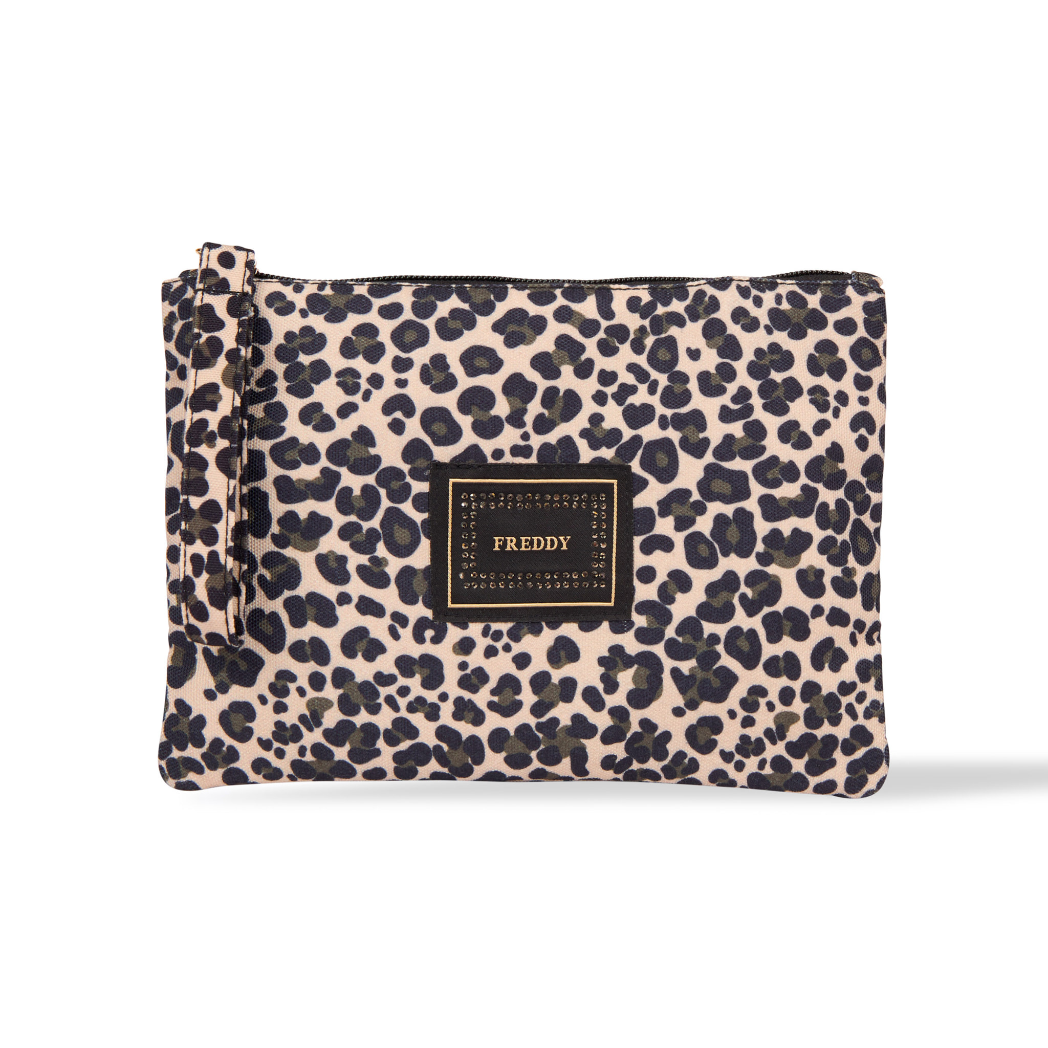 Bustina animalier in canvas con zip e logo con strass