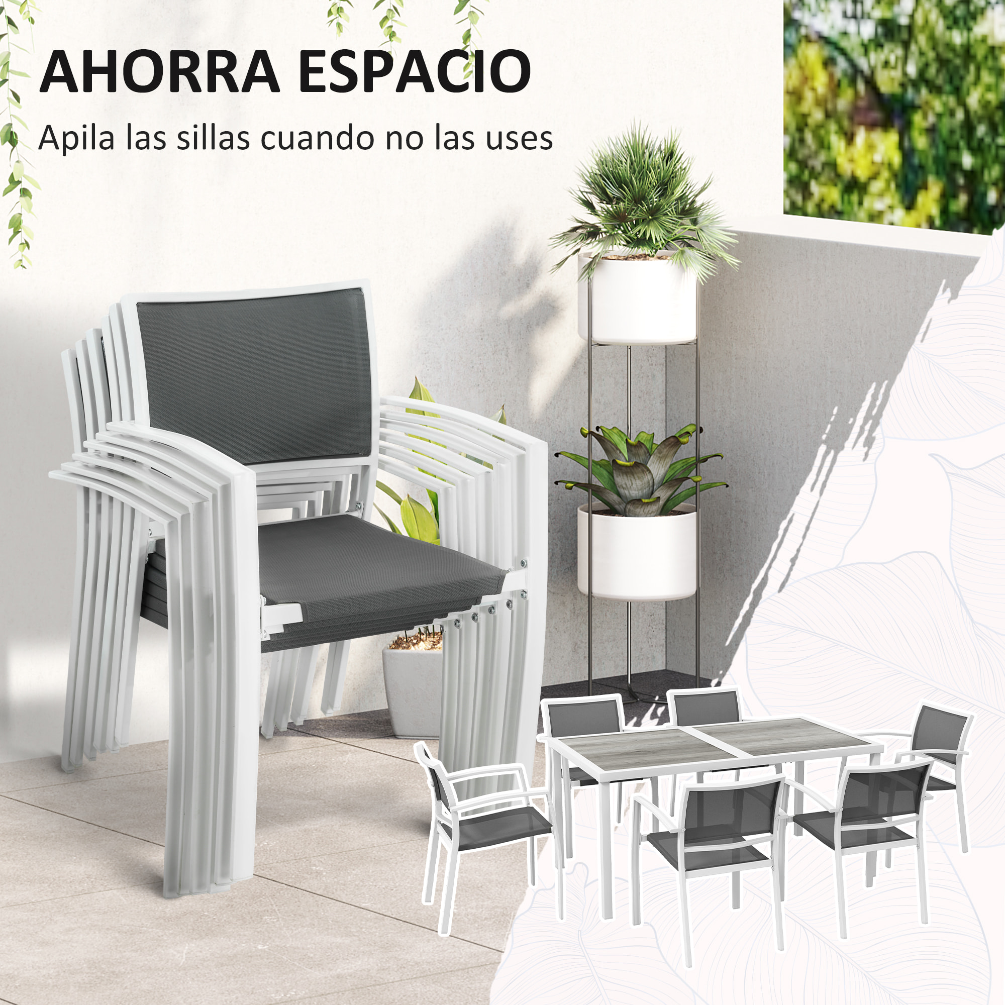 Outsunny Conjunto de Comedor de Exterior Juego de Comedor de Jardín de 7 Piezas con 1 Mesa y 6 Sillas Apilables Estilo Moderno para Terraza Patio Blanco y Gris