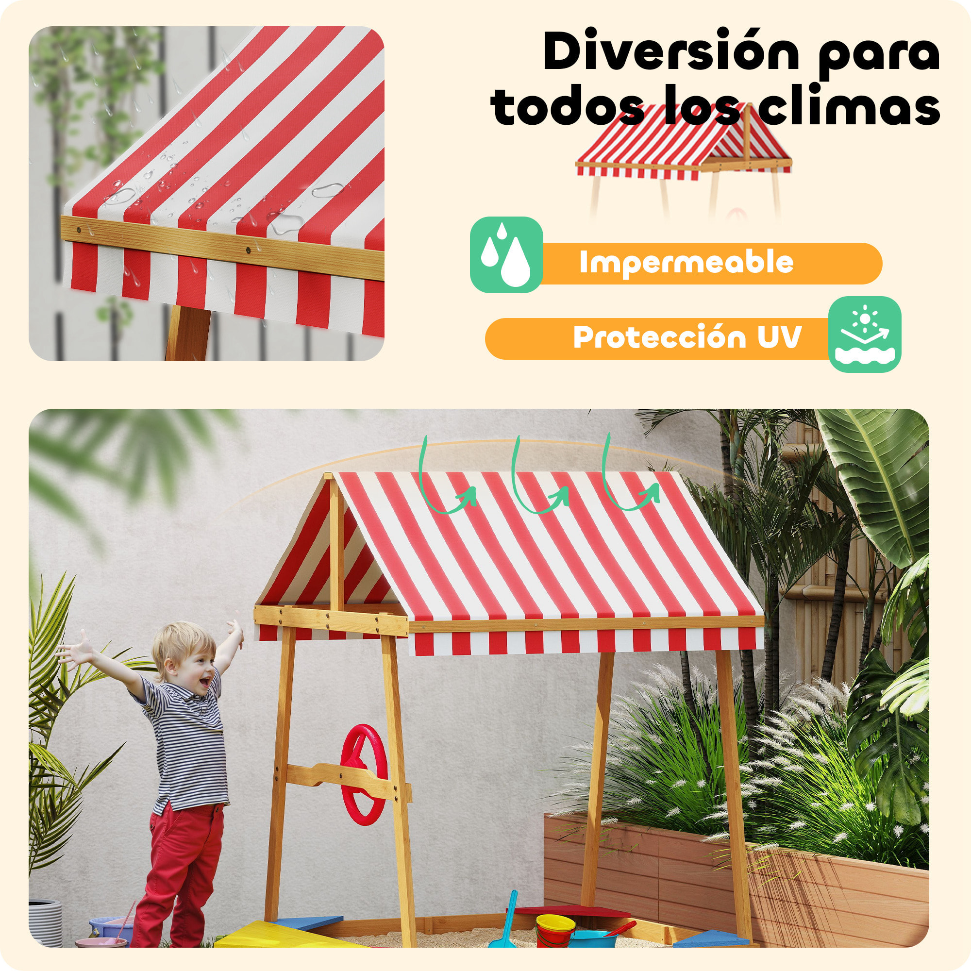 Arenero para Niños de +3 Años Arenero Infantil en Forma de Barco con Toldo y Asientos Arenero para Exterior 133x101x141 cm Natural