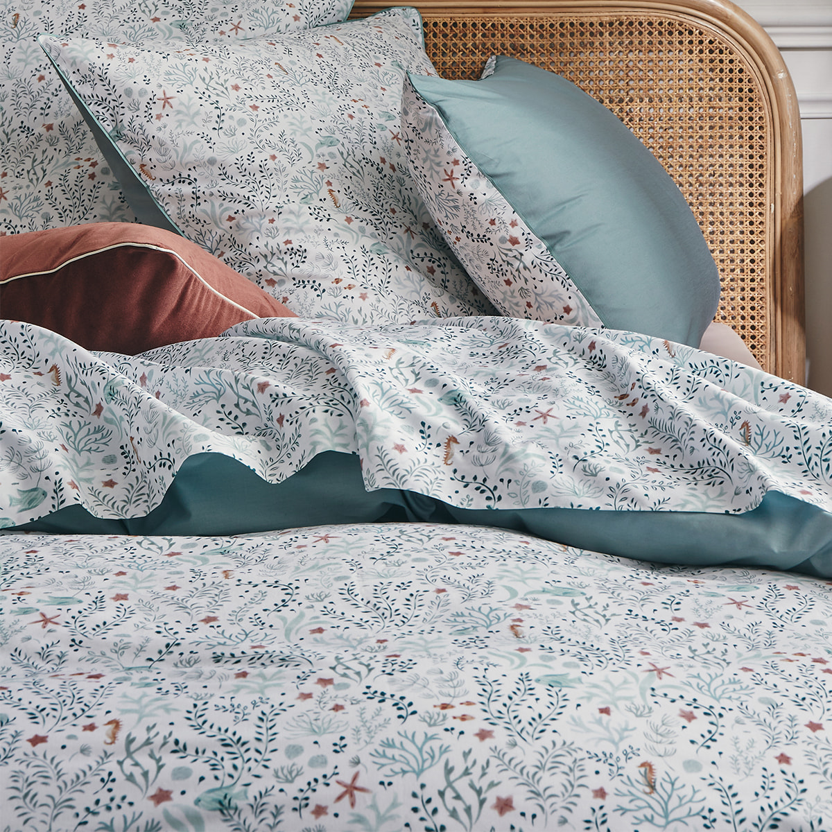 Parure de lit Housse de couette + taies carrées unie en coton, SOUS L'OCÉAN, Bleu clair