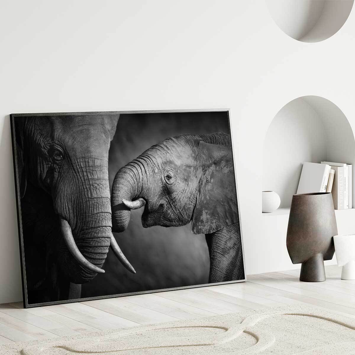 Affiche encadrée – Éléphants en noir et blanc, lien et émotion Affiche + cadre en métal - Noir