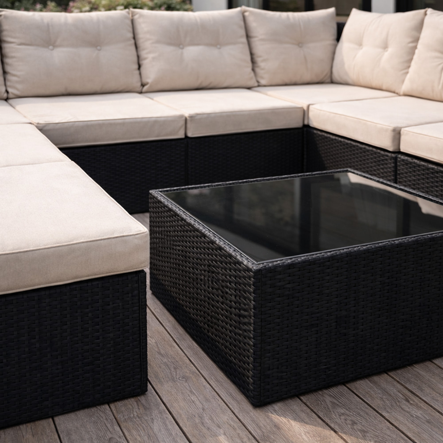 LOLA Salon de jardin 8 places en résine tressée noir et beige