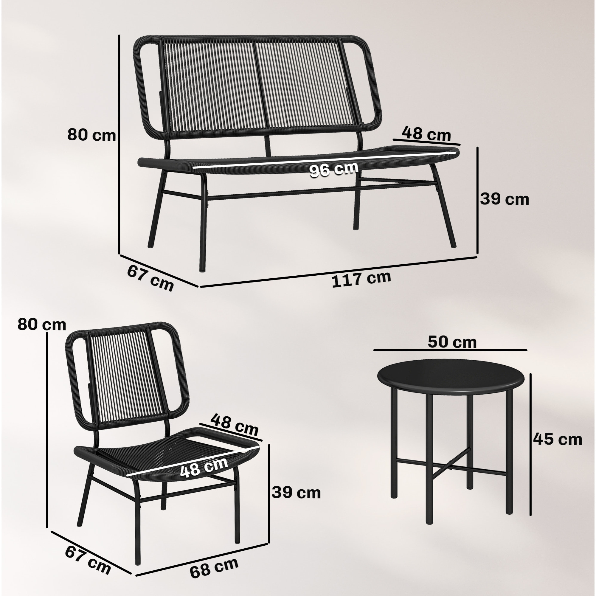 Conjunto de Jardín Exterior de Ratán, Conjunto Terraza Resistente a la Intemperie, Muebles Jardín Exterior 4 Piezas Incluye Sofá de 2 Plazas, 2 Sillas, Mesa de Centro con Tapa Metálica, Negro