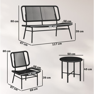 Conjunto de Jardín Exterior de Ratán, Conjunto Terraza Resistente a la Intemperie, Muebles Jardín Exterior 4 Piezas Incluye Sofá de 2 Plazas, 2 Sillas, Mesa de Centro con Tapa Metálica, Negro