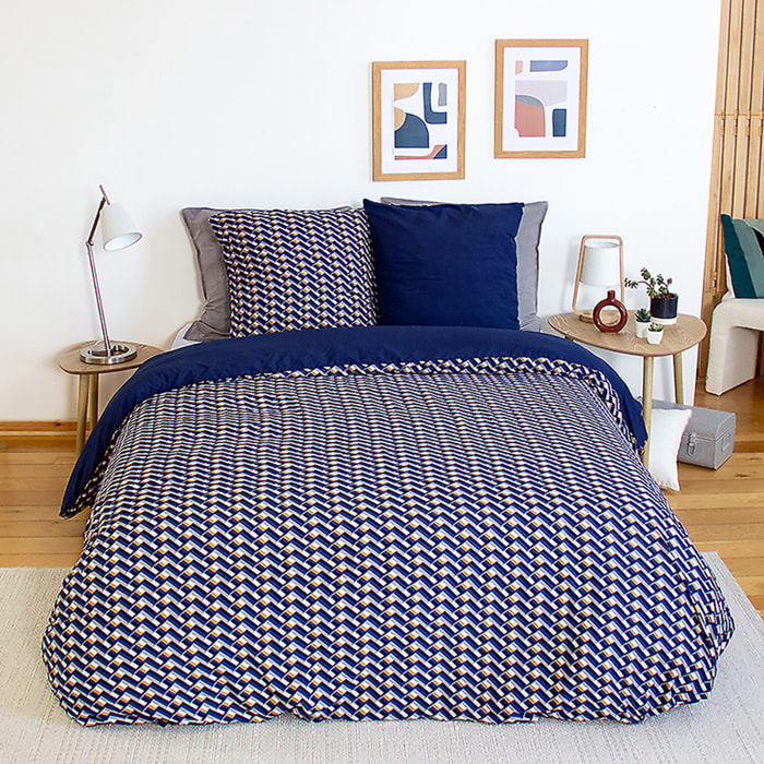Parure housse de couette en microfibre motif géométrique -bleu