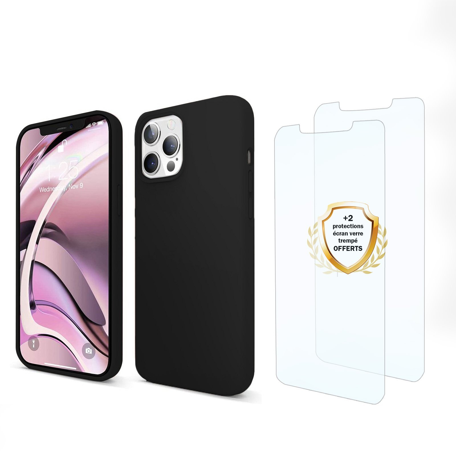 Coque iPhone 13 Pro Silicone liquide Noire + 2 Vitres en Verre trempé Protection écran Antichocs