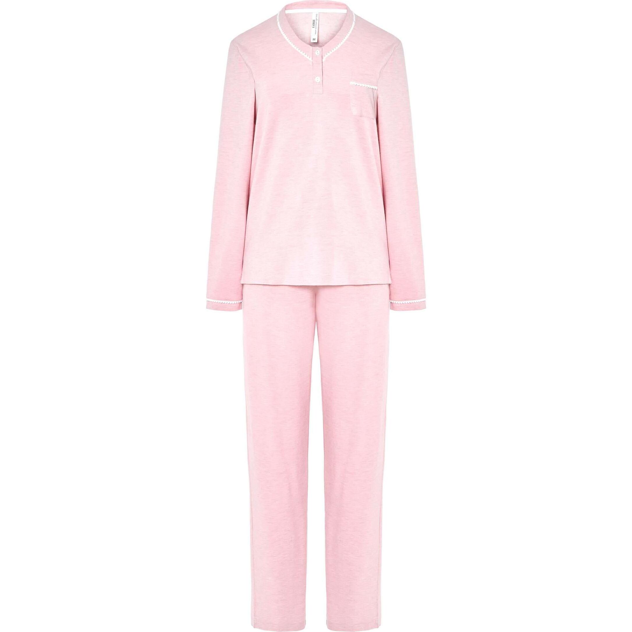 Pijama mujer tejido vigoré, escote en pico decorado con adorno y abertura con botones, cómoda manga larga y pantalón largo