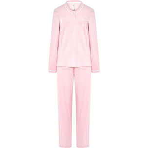 Pijama mujer tejido vigoré, escote en pico decorado con adorno y abertura con botones, cómoda manga larga y pantalón largo