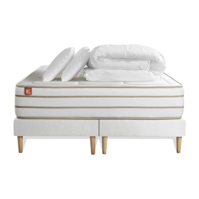 Pack Matelas Le Douillet - 26cm - Mémoire de forme - Matériaux éco-responsable - Sommier Tapissier Blanc - Avec couette et oreillers